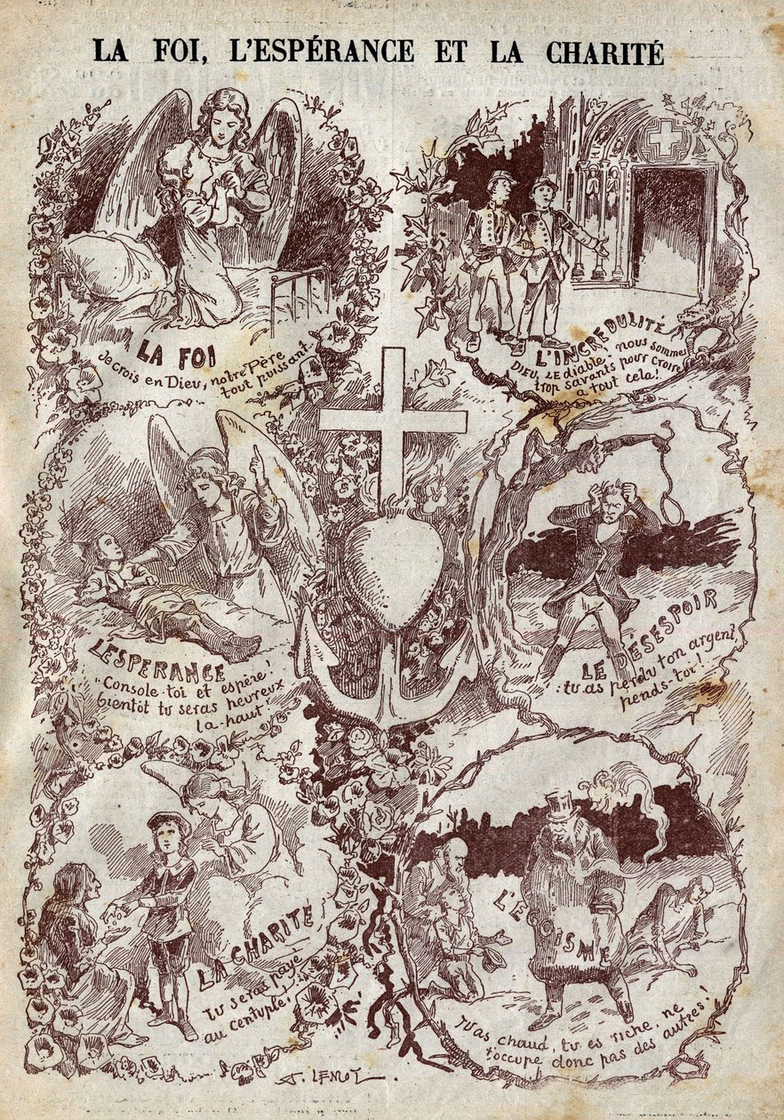 Cenas ilustrando Fé, Esperança, Caridade e seu oposto, Incredulite, Desespero e Egoísmo. Ilustração em "Le Pelerin" de 27 de março de Unknown artist