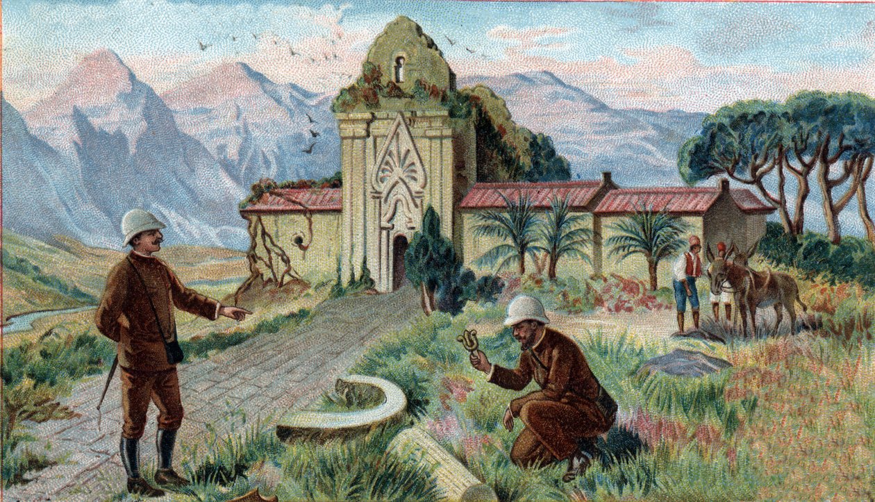 Cenas dos Reinos Desaparecidos: Templo nas montanhas da província de Qui-Nhon, no Camboja. Cromolitografia do século XIX. de Unknown artist