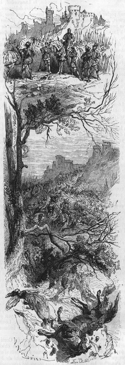 Cenas de batalhas. Luís XI deu um colar a Raoul de Lannoi (1481), Combat de Therouanne (1480) e Marie de Bourgogne ferida por uma queda de um cavalo (1482). Gravura do século XIX. de Unknown artist