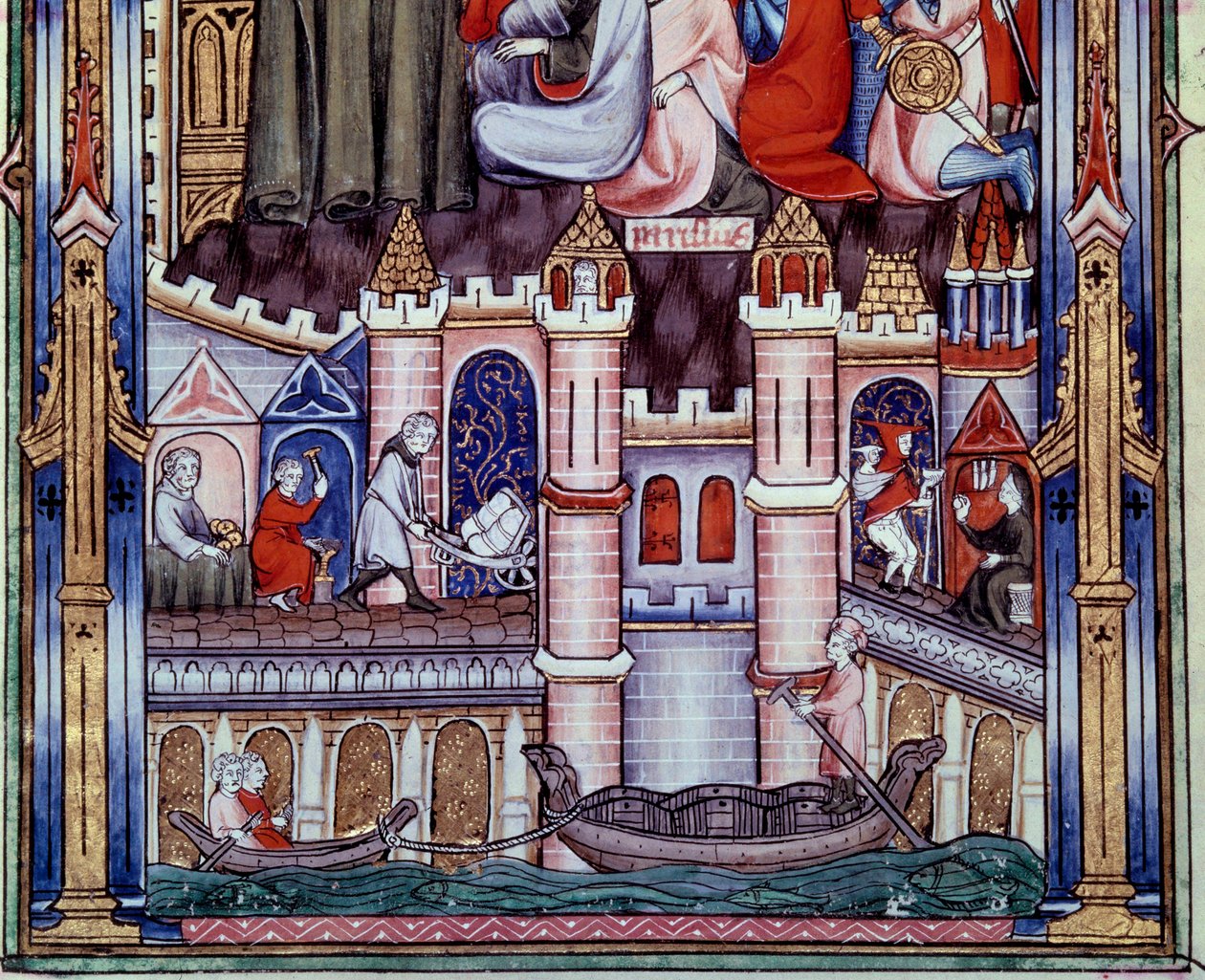 Cenas do trabalho de construção e navegação em Paris na Idade Média. Miniatura do manuscrito "Vida de São Denis" de Yves, monge de Saint-Denis de Unknown artist