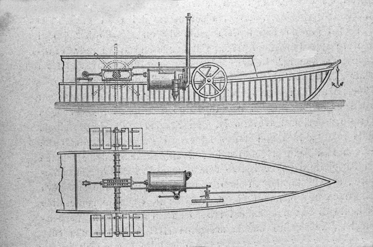 Esquema do corte e do motor do barco a vapor de Jouffroy d