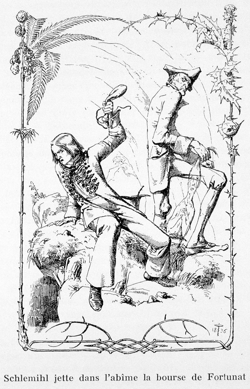 Schlemihl atira a bolsa do Fortunat para o abismo - em "A maravilhosa história de Pierre Schlemihl", de Aldebert Von Chamisso de Unknown artist