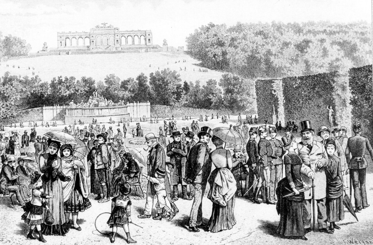 Schonbrunn Park, um complexo de palácios e jardins localizado não muito longe de Viena, foi a residência de verão da família Habsburg desde o século XVIII. Litografia do século XIX. de Unknown artist