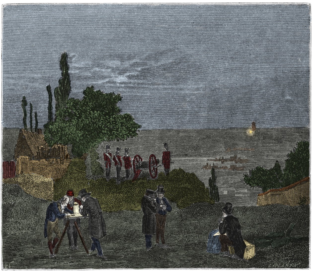 Experiência científica: o cálculo da velocidade do som, por Humboldt, Louis-Joseph Gay-Lussac (Louis Joseph Gay Lussac), Bouvard, Prony e Mathieu, que determina o tempo decorrido entre a percepção da luz e a de um disparo de arma, na noite de Unknown artist