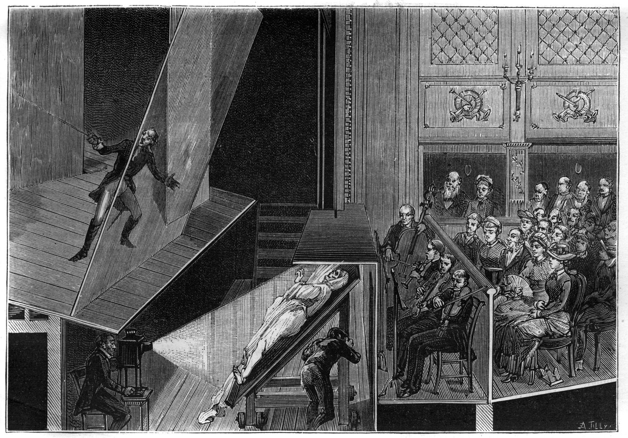 Espectros científicos: espectros vivos. Copa da sala mostrando o dispositivo da experiência com comediante lutando contra um fantasma. Gravura em "La Nature". de Unknown artist