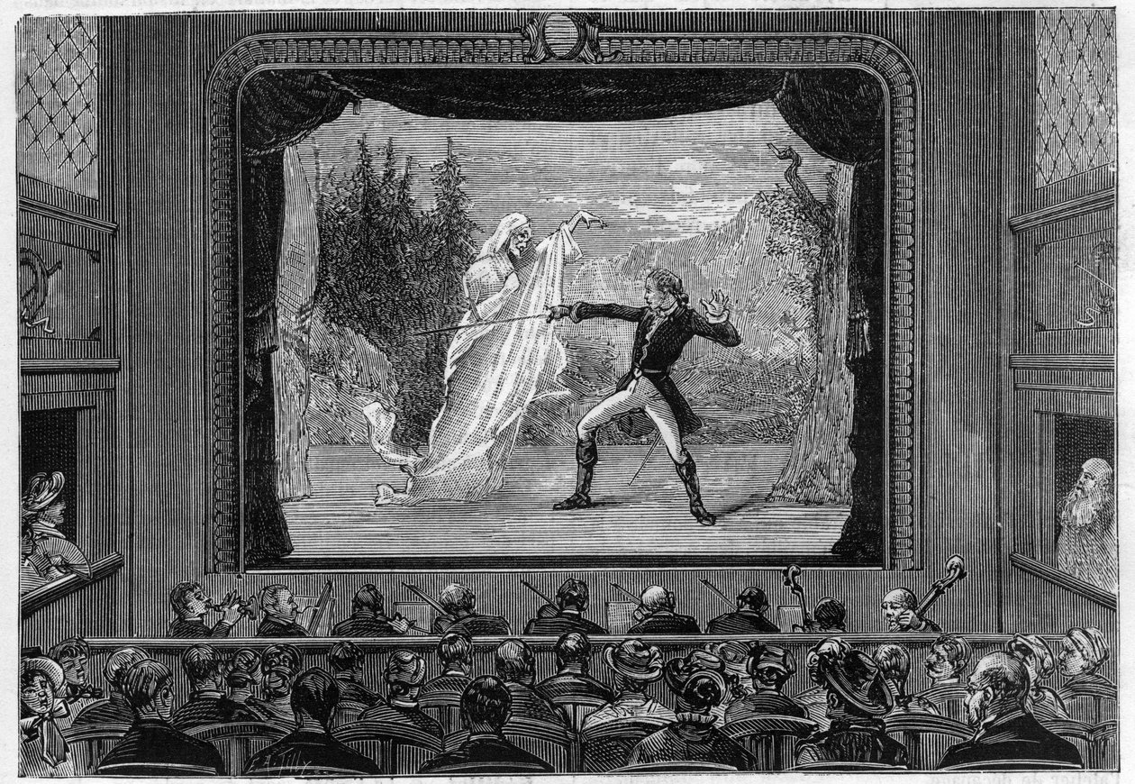Espectros científicos: espectros vivos. Experimente o espectáculo no palco do teatro. Um comediante luta contra um fantasma. Gravura em "La Nature". de Unknown artist