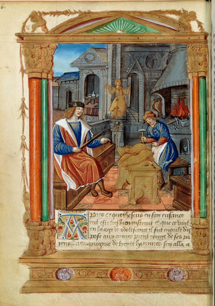 Escultura: um mestre controla a obra de seu aprendiz, esculpindo uma águia. Miniatura de "Roman de Theseus de Cologne et de Godifer" Paris do século XVI, B.N. de Unknown artist