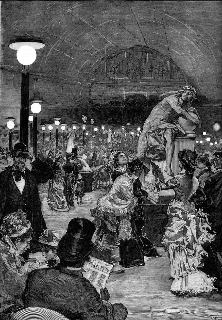 Sala de escultura no Salon de 1879, no Palais des Champs-Elysees, em Paris. Gravura em "Le monde illustrious" (O monde ilustre) de Unknown artist
