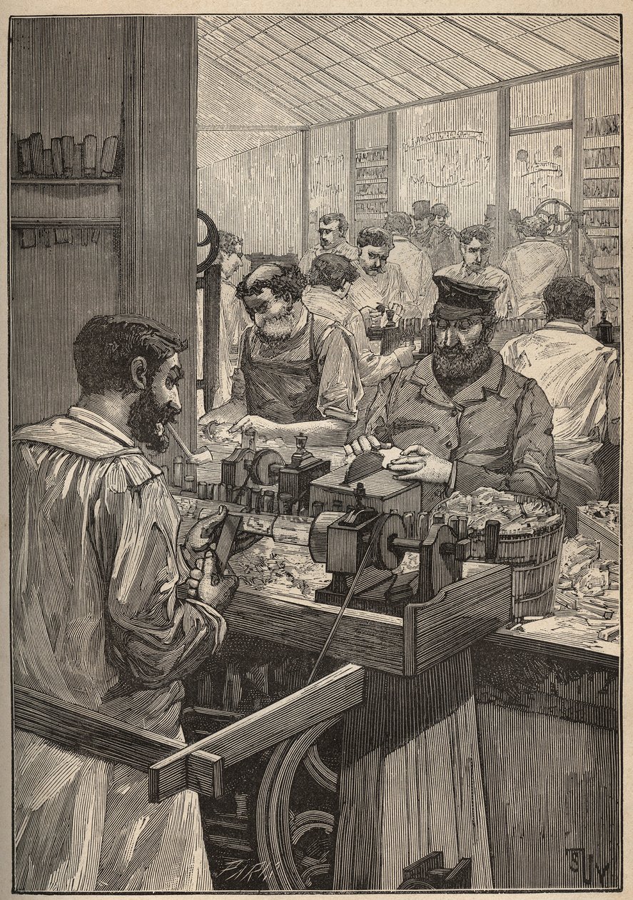 Esquima-marinha: fabrico de tubos de esquima-marinha. Gravura a partir de 1885 em "Les arts et metiers illustres" de Adolphe BITARD. de Unknown artist