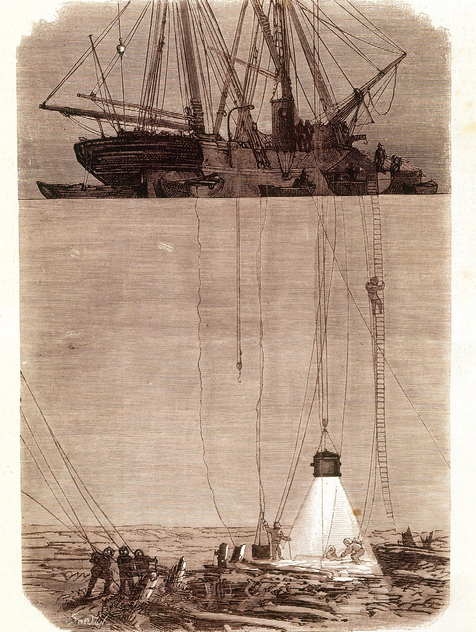 Procura de galeões espanhóis naufragados na Baía de Vigo em 1702. Página retirada de "Emporio Picturesco" 1871 de Unknown artist