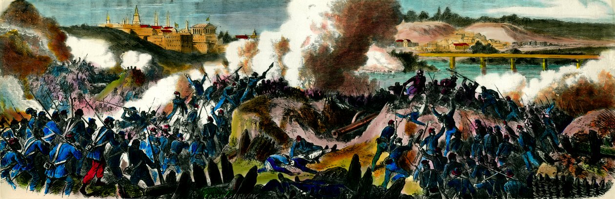 Guerra de Secessão: Os ianques capturaram Richmond (Virgínia), capital da Confederação do Sul, em 1865. Gravura da Coleção Privada do século XIX de Unknown artist