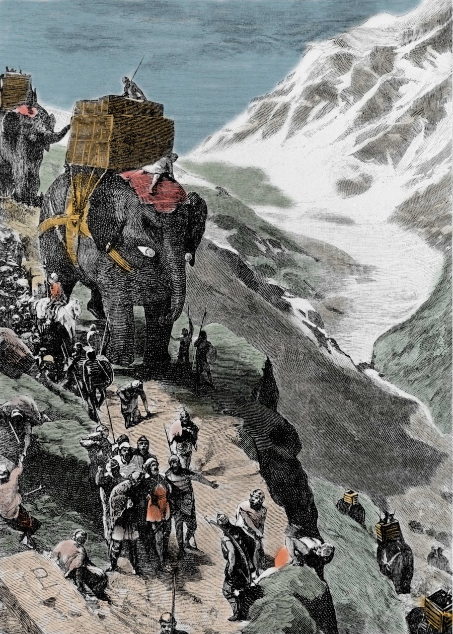 Segunda Guerra Púnica. O exército de Hannibal Barca atravessando os Alpes, 218 AC. Gravura italiana do século XIX. de Unknown artist