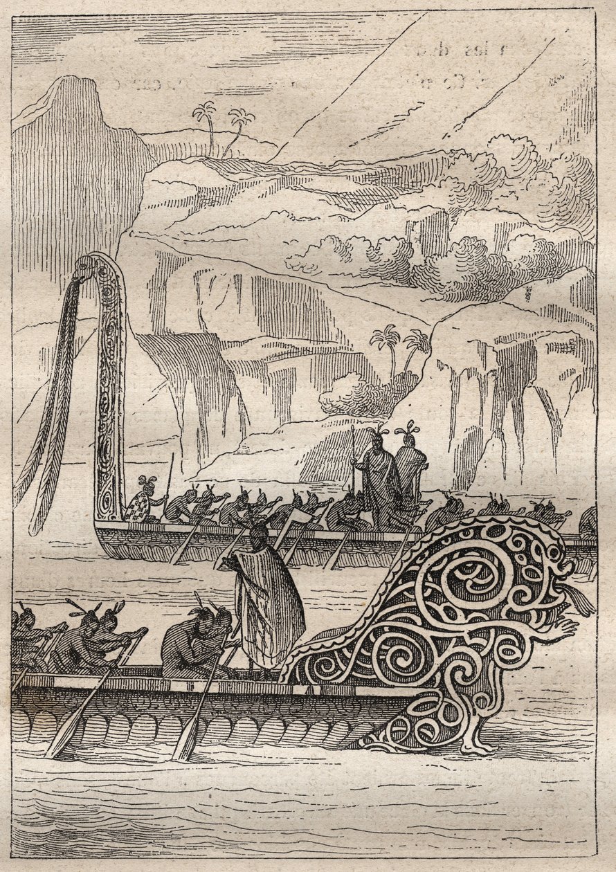 Segunda viagem (1772-1775) pelo Capitão James Cook (1728-1779): Canoas de guerra neozelandesas (Neo Zelandesas) - ilustração tirada de "Os Grandes Marinheiros do Século XVIII". de Unknown artist