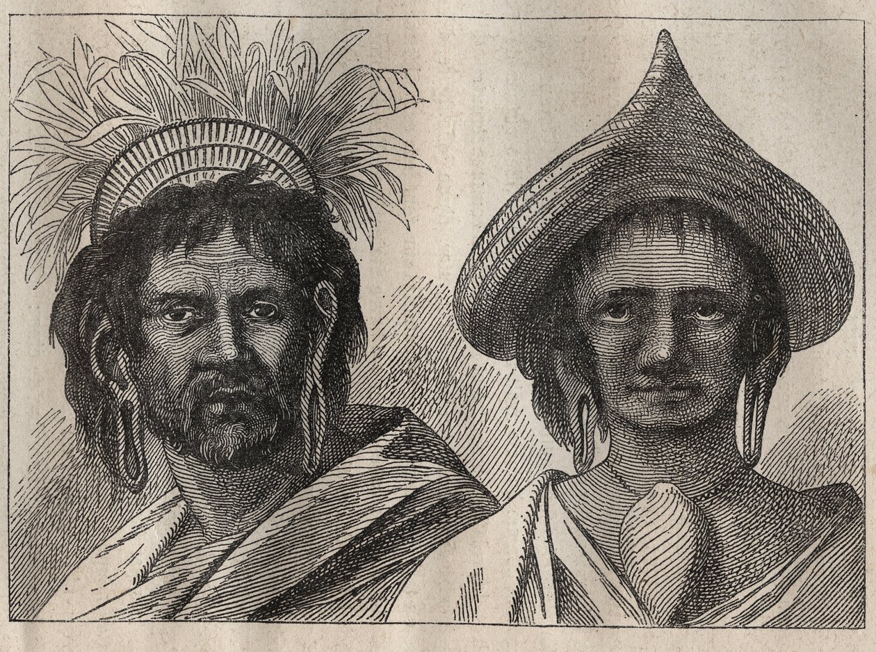 Segunda viagem (1772-1775) do Capitão James Cook (1728-1779): homem e mulher da Ilha de Páscoa - ilustração de "The Great Mariners of the 18th century" (Os Grandes Marinheiros do século XVIII) de Unknown artist