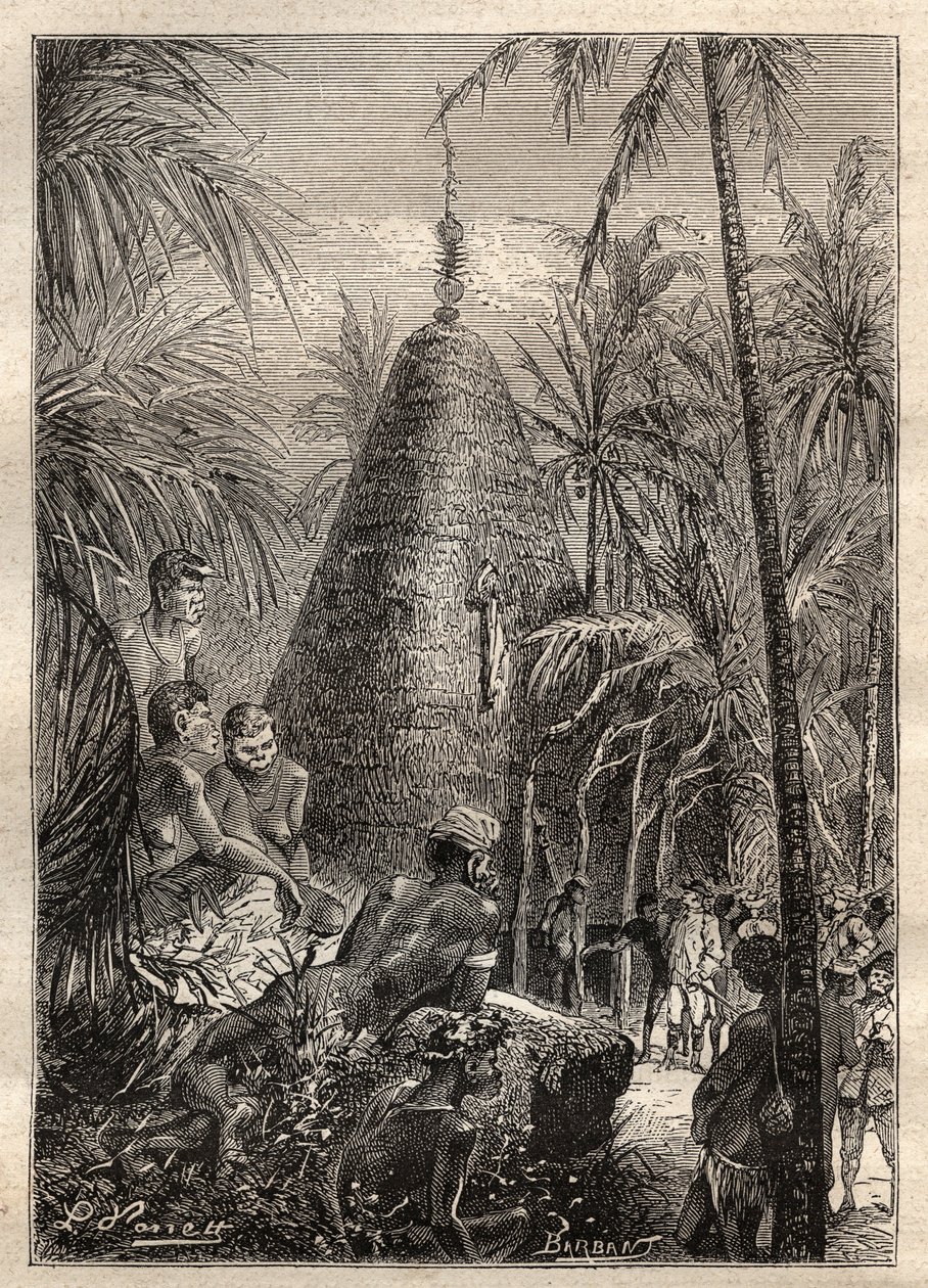 Segunda viagem (1772-1775) do Capitão James Cook (1728-1779): casa circular tradicional, no telhado de uma elevação considerável (Nova Caledónia) - ilustração tirada de "Os Grandes Marinheiros do século XVIII". de Unknown artist