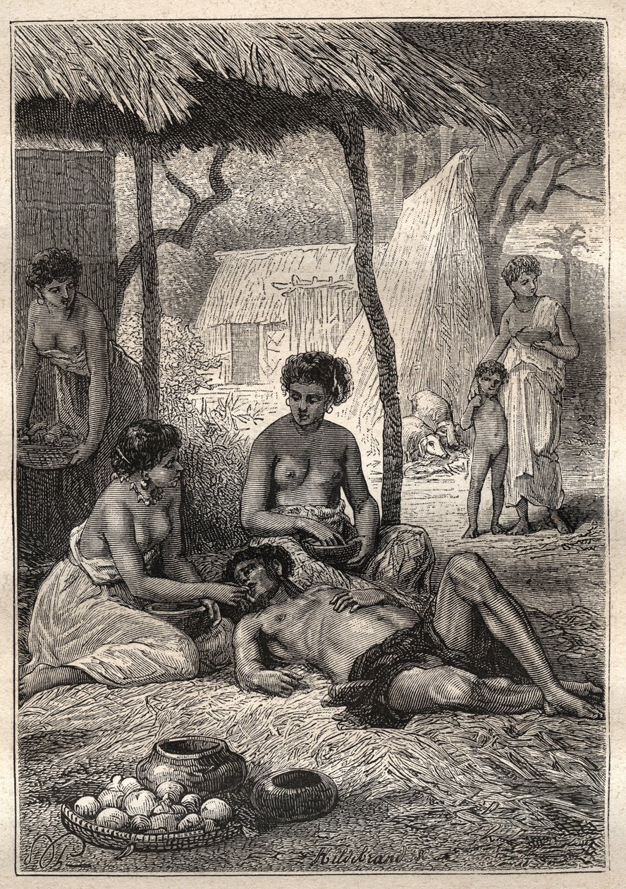 Segunda viagem (1772-1775) do Capitão James Cook (1728-1779): uma ilha que passou o seu dia a ser engolida pelas suas esposas (Taiti) - ilustração tirada de "Os Grandes Marinheiros do século XVIII". de Unknown artist