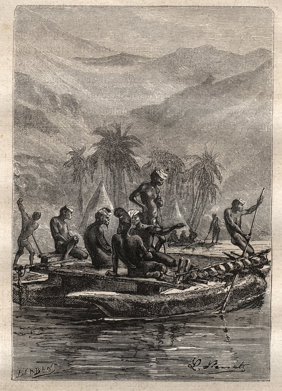 Segunda viagem (1772-1775) do Capitão James Cook (1728-1779): os nativos tiveram confiança suficiente para se aproximar e trocar (Nova Caledônia) - ilustração tirada de "Os Grandes Marinheiros do século XVIII". de Unknown artist