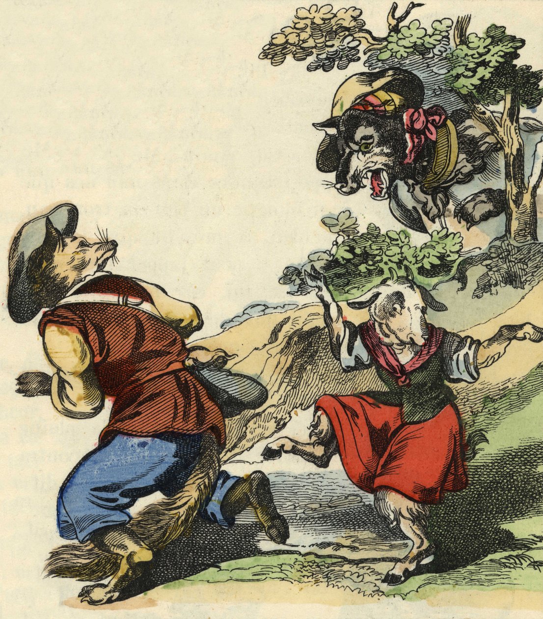 Ao ver o lobo, o Mestre Fox fugiu, deixando o Pequeno Chevrette em perigo. Ilustração do conto "Bon medor e o Pequeno Chevrette". Em "Contos do lar para os pequenos". Gravura anónima do século XIX. de Unknown artist