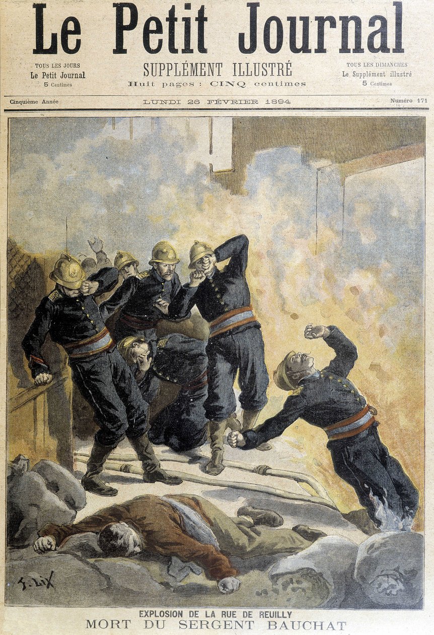 O Sargento Bauchat morreu durante os bombeiros após a explosão da rue de Reuilly. Ilustração do "Pequeno Diário" de 1894. de Unknown artist