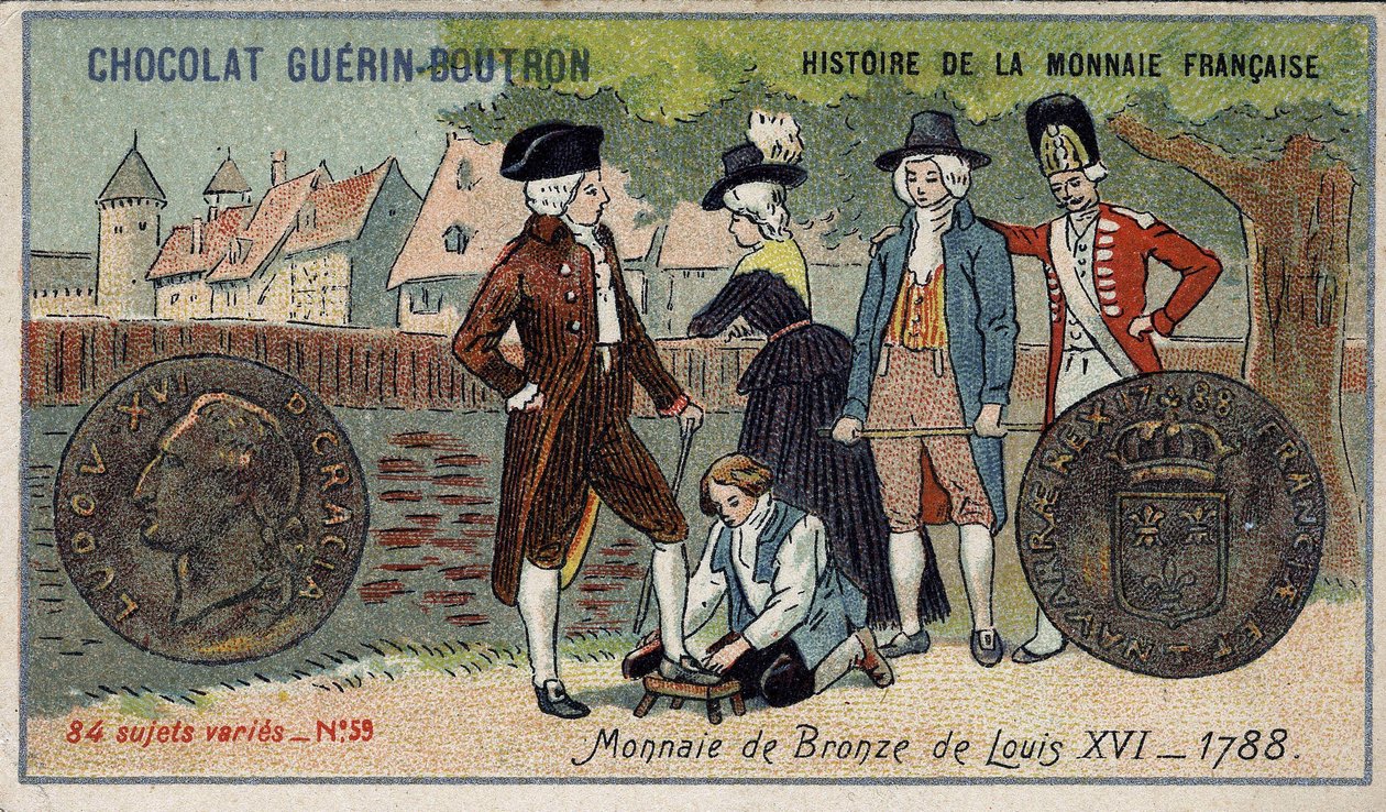 Série Histoire de la Monnaie Française publicada pelo Chocolat Guérin Boutron. Cromolitografia do século XIX. Moeda de Bronze de Luís XVI em 1788 de Unknown artist