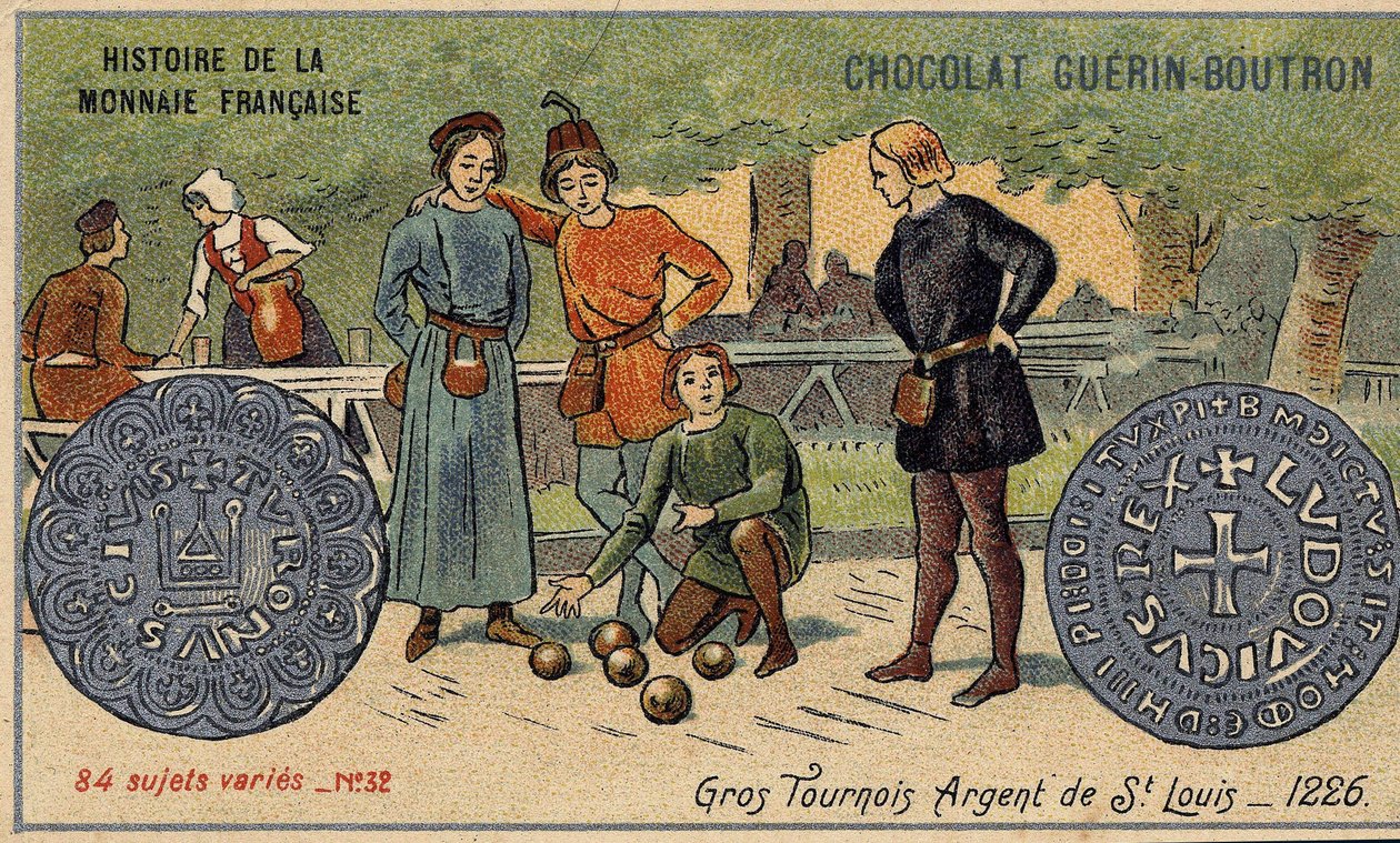 Série Histoire de la Monnaie Française publicada pelo Chocolat Guérin Boutron. Cromolitografia do século XIX. Grandes torneios. Prata de Saint Louis. 1226 de Unknown artist