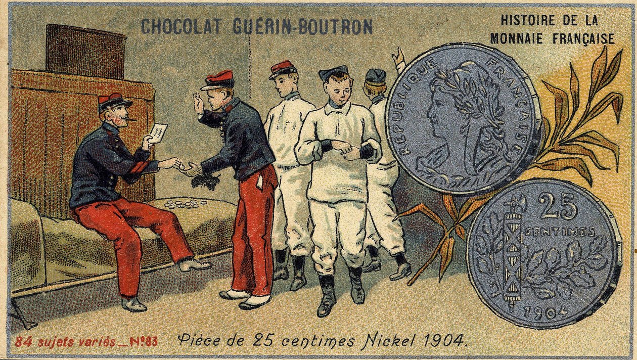 Série Histoire de la Monnaie Française publicada pelo Chocolat Guérin Boutron. Cromolitografia do século XIX. Moeda de 25 cêntimos. Níquel de 1904. de Unknown artist
