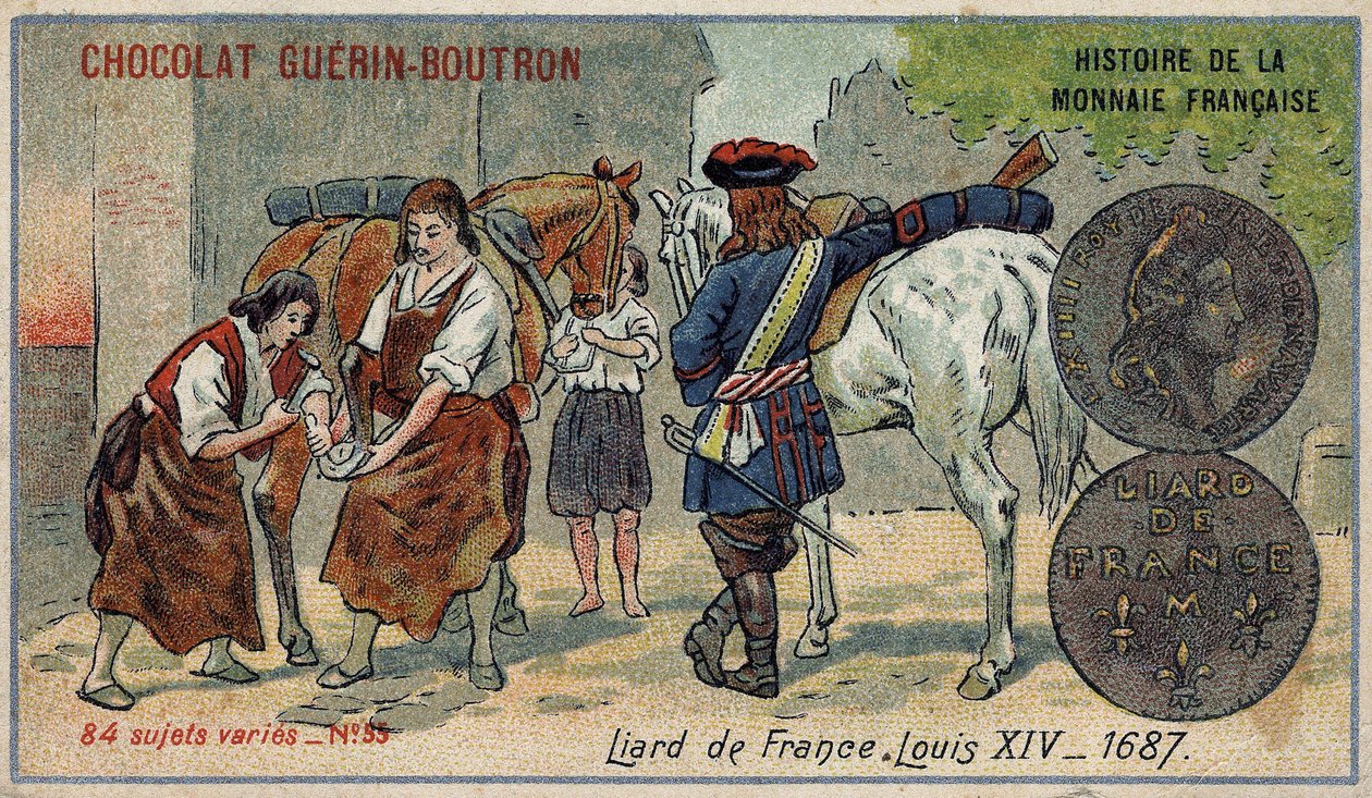 Série Histoire de la Monnaie Française publicada pelo Chocolat Guérin Boutron. Cromolitografia do século XIX. Liard da França. Luís XIV em 1687. de Unknown artist