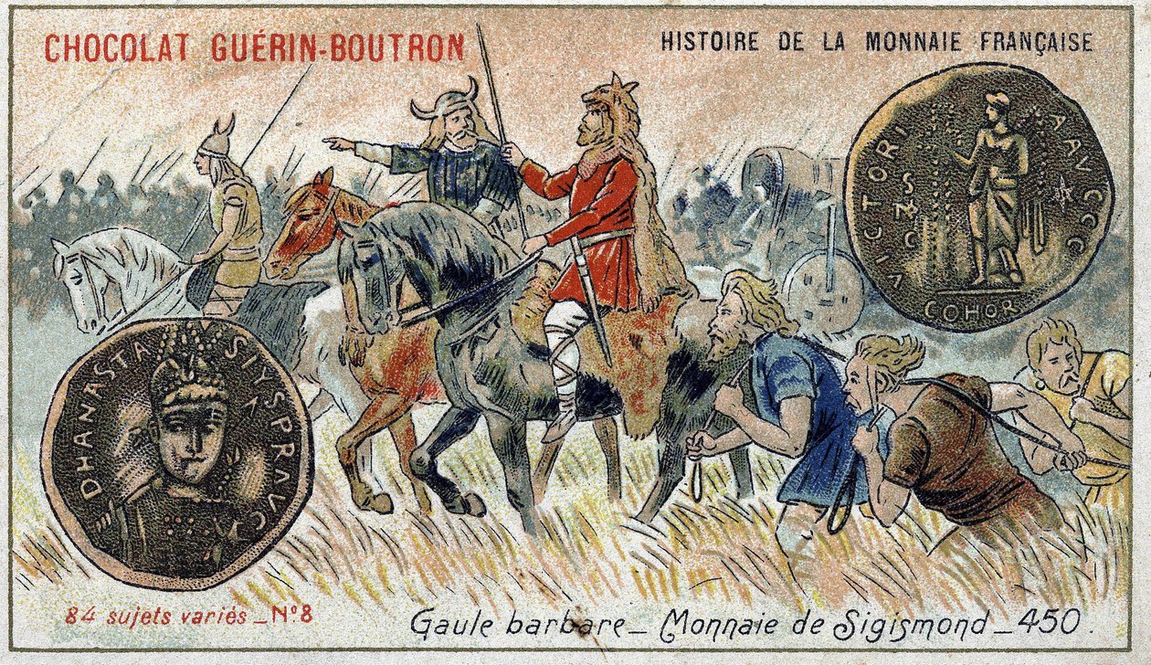 Série Histoire de la Monnaie Française publicada pelo Chocolat Guérin Boutron. Cromolitografia do século XIX. Gaulês Bárbaro. Moeda Sigismond. de Unknown artist