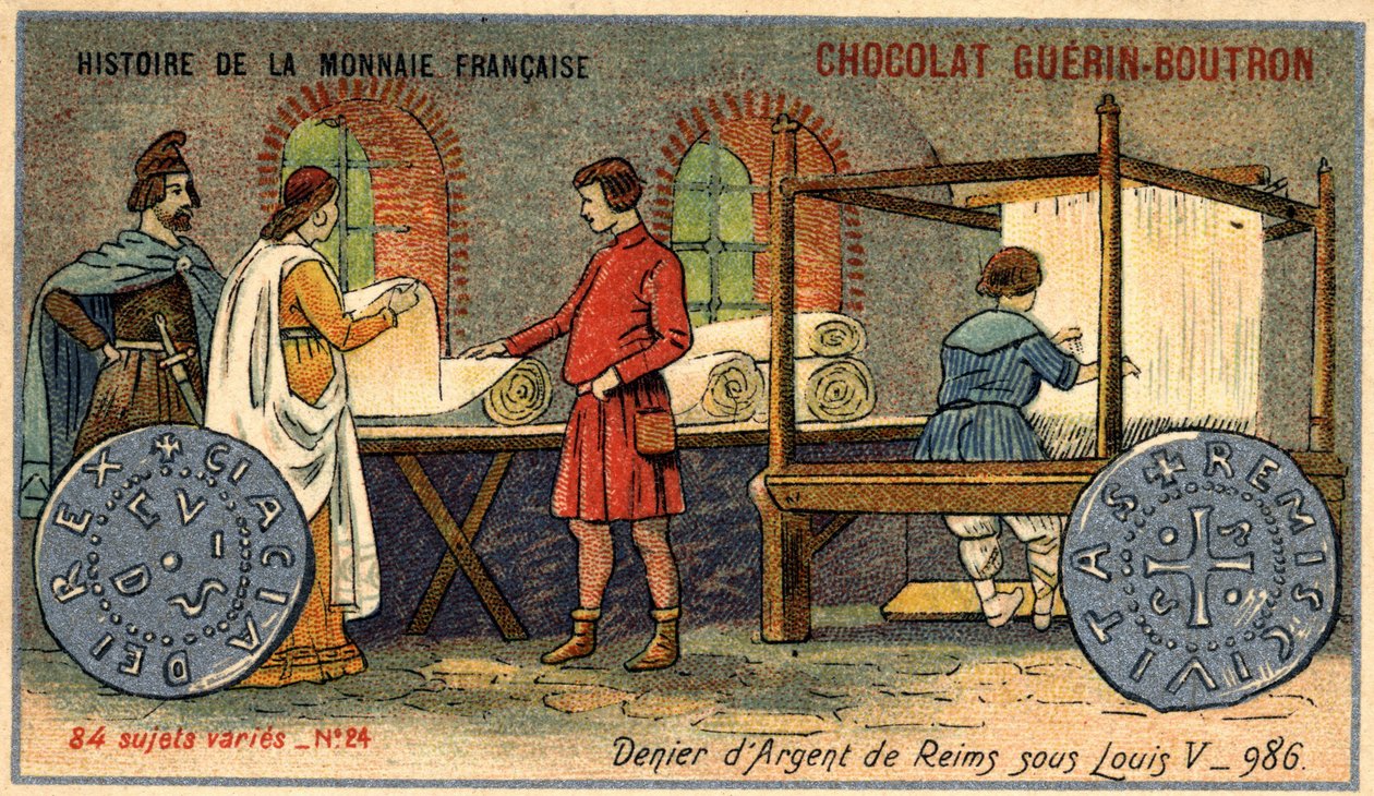 Série Histoire de la Monnaie Française publicada pelo Chocolat Guérin Boutron. Cromolitografia do século XIX. O Denier de Prata de Reims sob Louis V. em 986 de Unknown artist