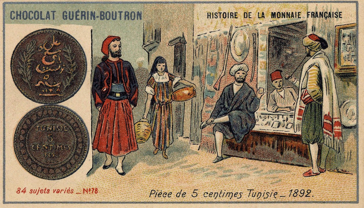 Série Histoire de la Monnaie Française publicada pelo Chocolat Guérin Boutron. Cromolitografia do século XIX. Moeda de 5 cêntimos na Tunísia, em 1892. de Unknown artist