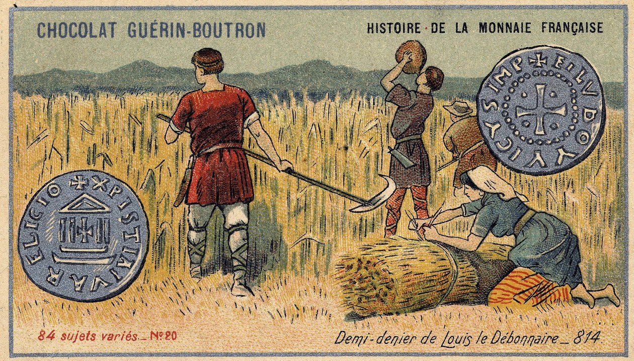 Série Histoire de la Monnaie Française publicada pelo Chocolat Guérin Boutron. Cromolitografia do século XIX. Meio negador de Louis the Debonnaire em 814. de Unknown artist