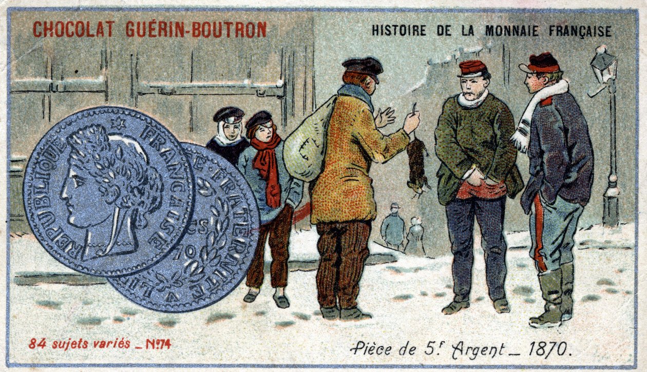 Série Histoire de la Monnaie Française publicada pelo Chocolat Guérin Boutron. Cromolitografia do século XIX. Moeda de prata de 5 francos em 1870. de Unknown artist