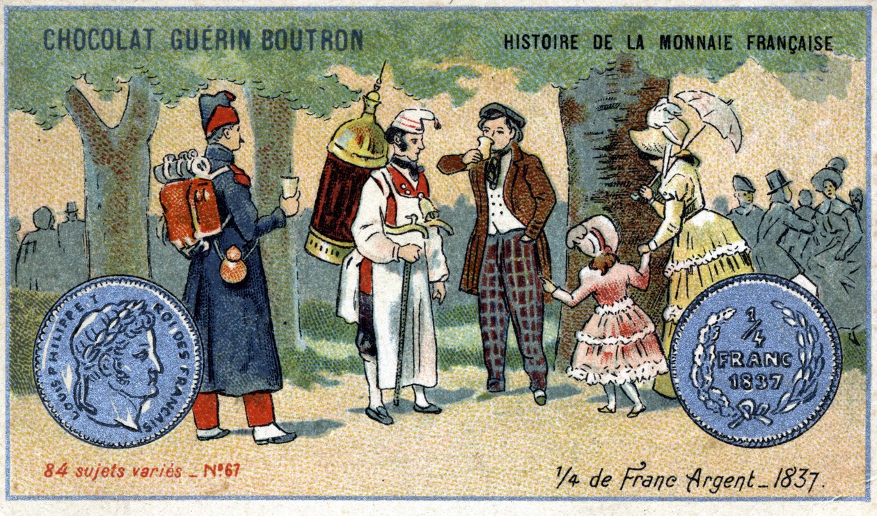 Série Histoire de la Monnaie Française publicada pelo Chocolat Guérin Boutron. Cromolitografia do século XIX. um quarto de francos de prata em 1837 de Unknown artist