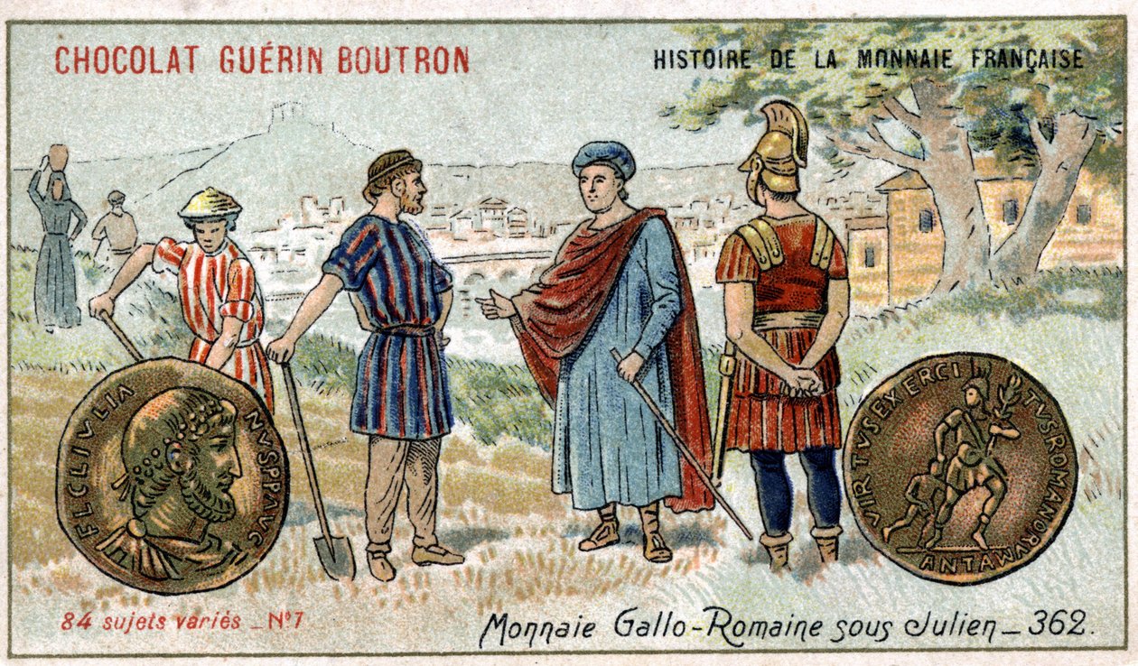 Série Histoire de la Monnaie Française publicada pelo Chocolat Guérin Boutron. Cromolitografia do século XIX. Moedas romanas Gallo sob Julien de Unknown artist