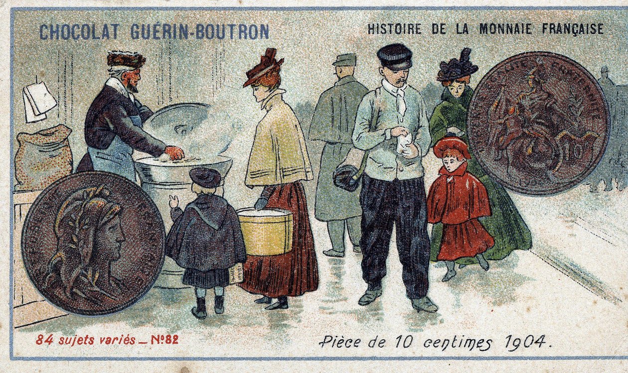 Série Histoire de la Monnaie Française publicada pelo Chocolat Guérin Boutron. Cromolitografia do século XIX. Moeda de 10 cêntimos em 1904. de Unknown artist