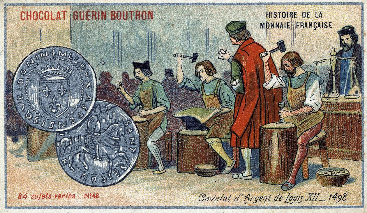 Série Histoire de la Monnaie Française publicada pelo Chocolat Guérin Boutron. Cromolitografia do século XIX. O Cavalot de Prata de Luís XII. 1498 de Unknown artist