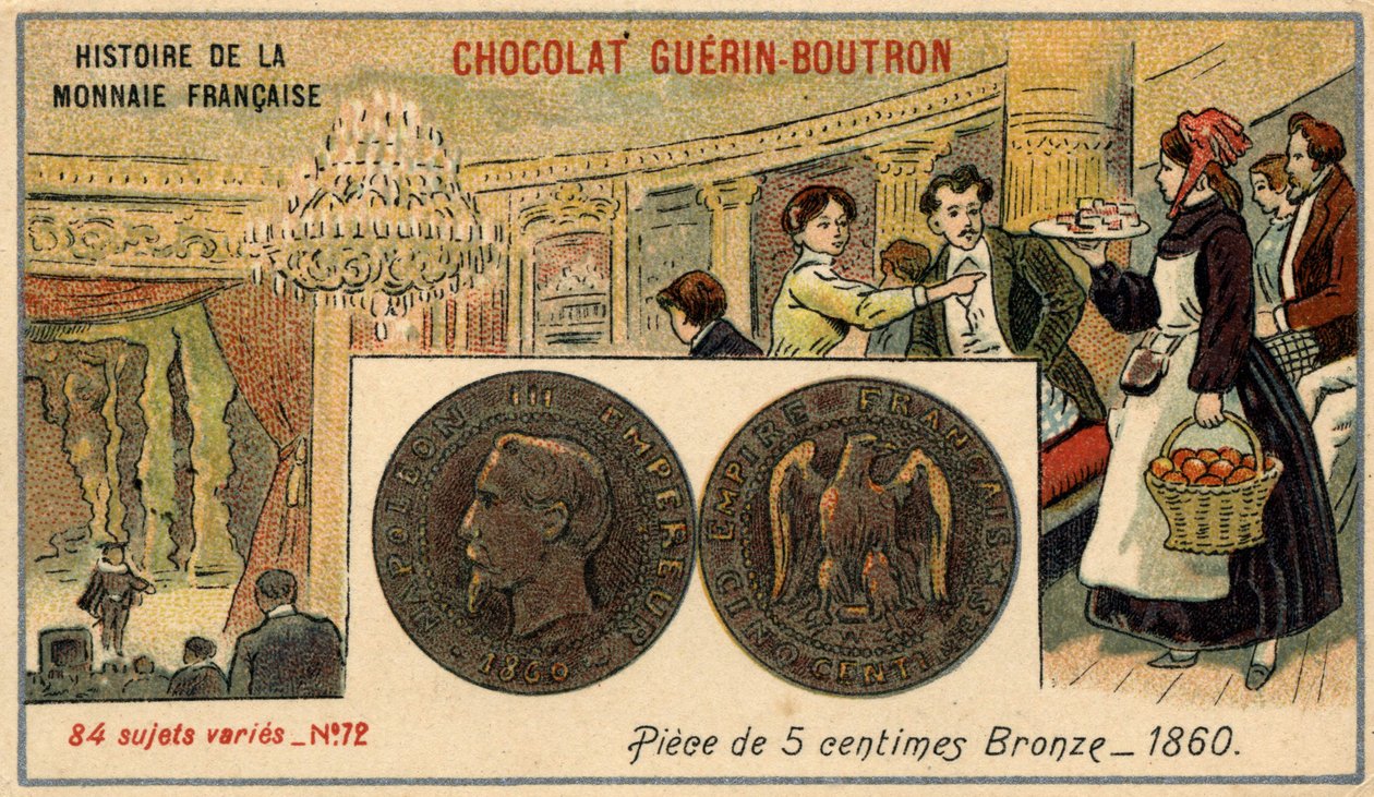 Série Histoire de la Monnaie Française publicada pelo Chocolat Guérin Boutron. Cromolitografia do século XIX. Moeda de bronze de 5 cêntimos em 1860. Napoleão III. de Unknown artist