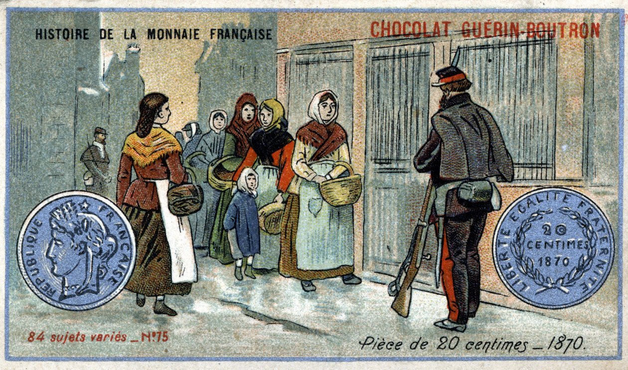 Série Histoire de la Monnaie Française publicada pelo Chocolat Guérin Boutron. Cromolitografia do século XIX. Moeda de 20 cêntimos em 1870. de Unknown artist