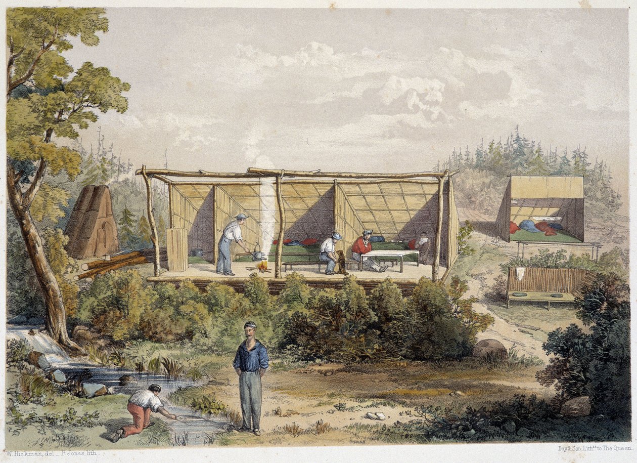 Acampamento dos colonos no Canadá - em "Sketches on the nipisaguit a river of New Brunswick in America" por William Hickman, ed. Halifax de Unknown artist