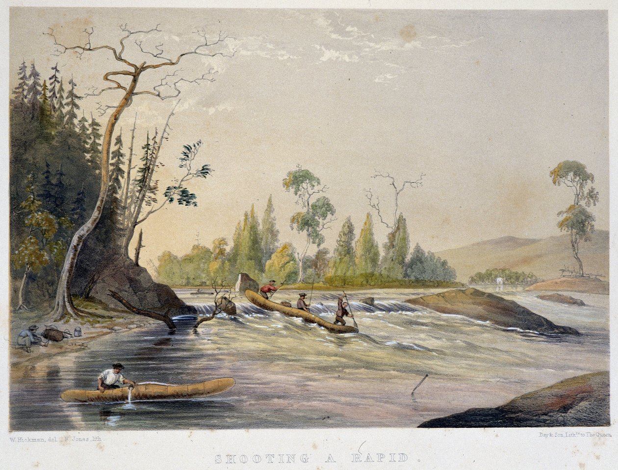Colonos que pescam em um rio rápido - em "Sketches on the nipisaguit a river of New Brunswick in America" por William Hickman, ed. Halifax de Unknown artist