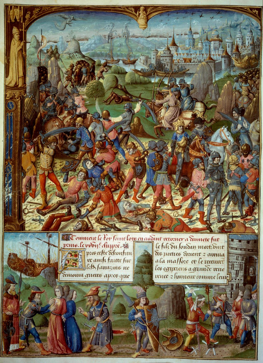 Sétima Cruzada (1248-1254). No topo, Luís IX (Saint Louis) (1215-1270), Rei da França, com as travessias depois de ser derrotado pelos sarracenos em Mansourah em 1250. Eles se retiraram atrás das torres de Damasco. Luís IX e seus dois irmãos são levados pr de Unknown artist