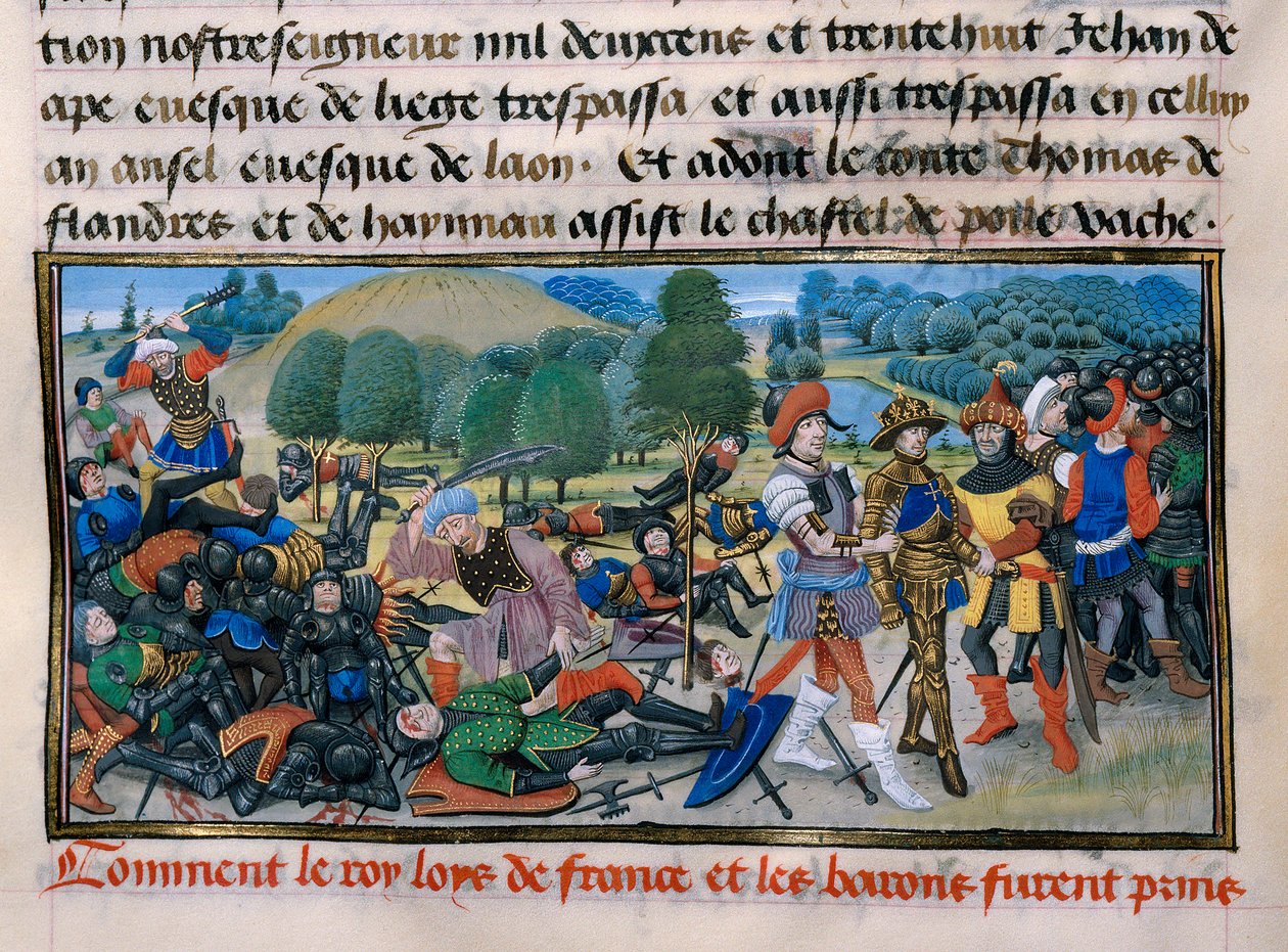 Sétima Cruzada: O Rei Luís IX (Saint Louis) (1214-70) é capturado durante a Batalha de Mansourah em 1250 no Egipto, "Chronique abregee" de David Aubert 1250 Paris de Unknown artist