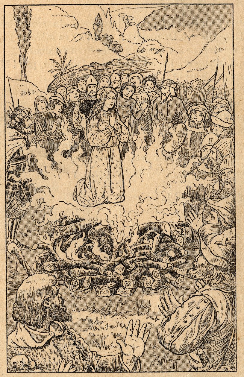 Ela fica no meio das chamas... Santa Rosa de Viterbo (Rosa da Viterbo) (1233-1252). Gravura do final do século XIX. Colecção privada. de Unknown artist