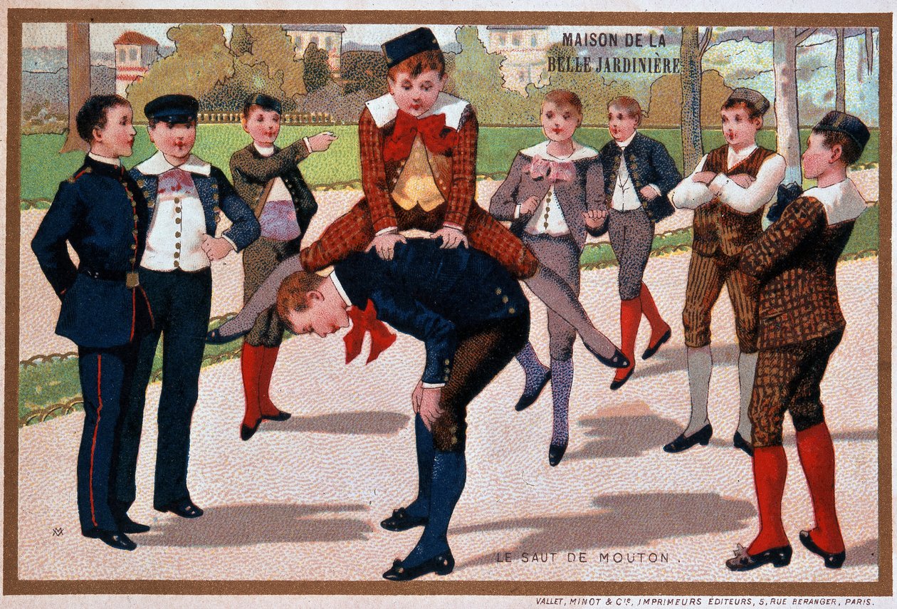 Jogo de saltar ovelhas, anúncio da loja "O belo jardineiro", v. 1895 de Unknown artist