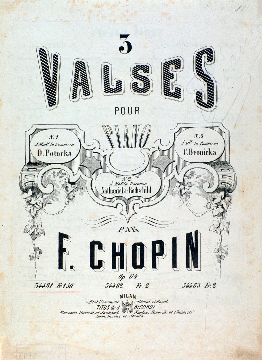 Música para 3 valsas para op. de piano. 64, de Frederic Chopin (frontispício) de Unknown artist