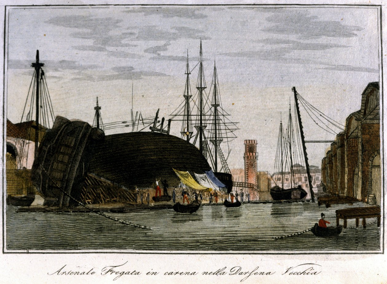 Navio abatido no casco. Fragata veneziana cujo casco está a ser reparado no arsenal. Gravura do século XIX. de Unknown artist