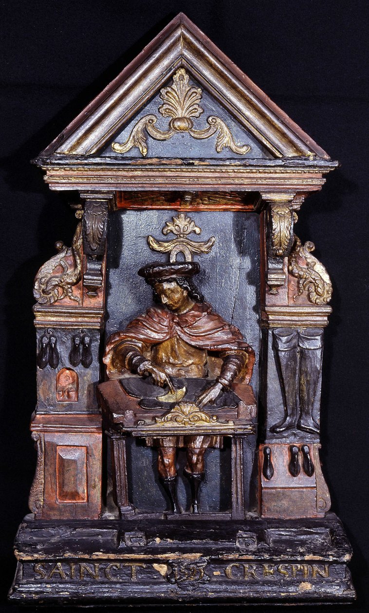 Placa de sapateiro com a inscrição no fundo "Saint Crespin" - madeira esculpida de Unknown artist