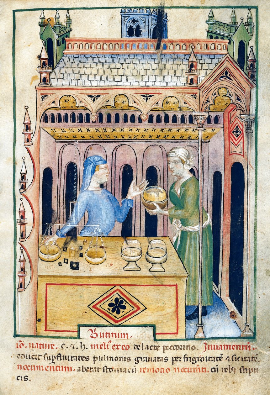 Loja com pão de manteiga e duas mulheres, ilustração de Tacuinum sanitatis, manuscrito iluminado, reedição em latim de uma obra árabe do século XI de Unknown artist