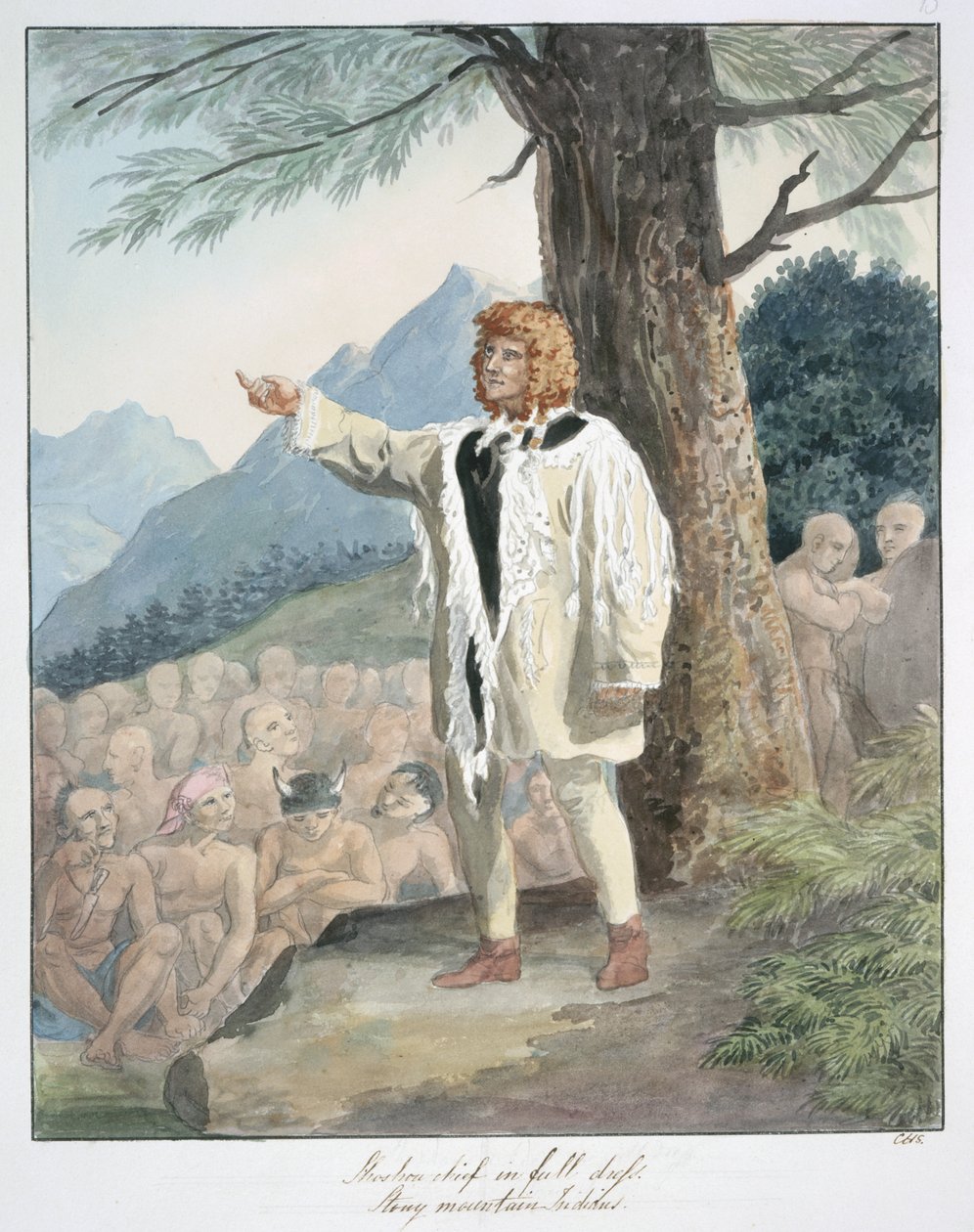 Chefe Shoshone em traje completo, índio de Stony Mountain, c.1843-50 (aguarela) de Unknown artist