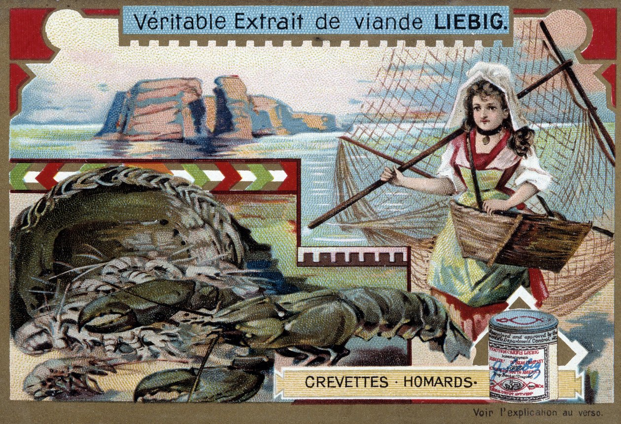 Camarão e lagosta, com uma jovem pescadora, carregando sua cesta e uma grande rede - Liebig chromolithography de Unknown artist